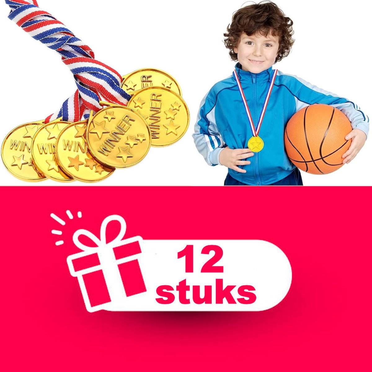Henbrandt - 12 Stuks Gouden Medailles met Rood / Wit / Blauw Lint - Winnaars medaille voor kinderen - Traktatie voor Kinderfeestjes, School Sport en Toernooien — afbeelding 8