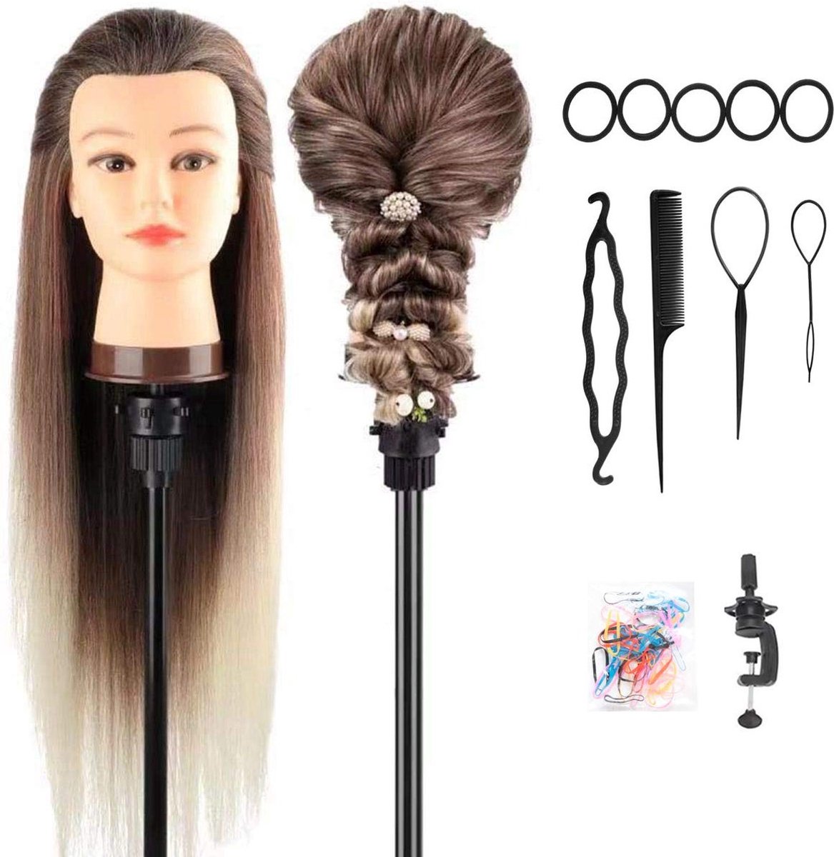 Homesy Oefenhoofd, Zacht 26-28Inch Kappershoofd Professioneel 100% Synthetische Haar Blond Traininghoofd Kapperspop Oefenpop met Steun+ Styling Accessoires