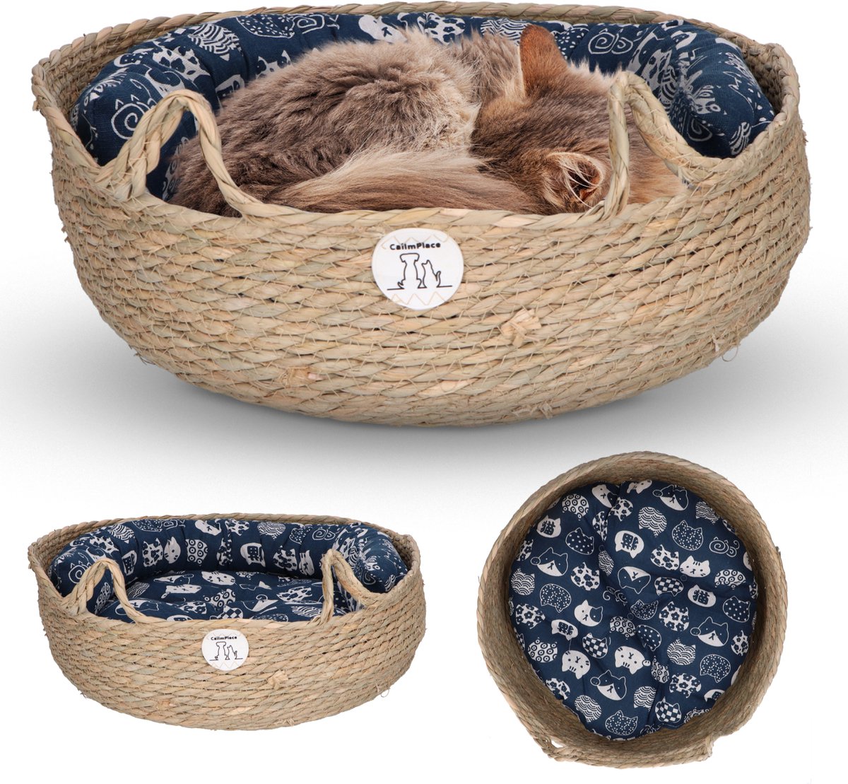 CallmPlace - Kattenmand van Rotan - Handgevlochten - Blauw Kussen - Ø44 cm