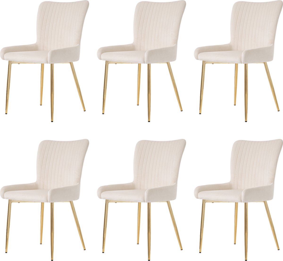 Merax Set van 6 Luxe Eetkamerstoelen – Beige Velvet – Met Lendensteun en Gouden Metalen Poten – Comfortabele Lounge Stoelen voor Woonkamer, Slaapkamer of Eetkamer