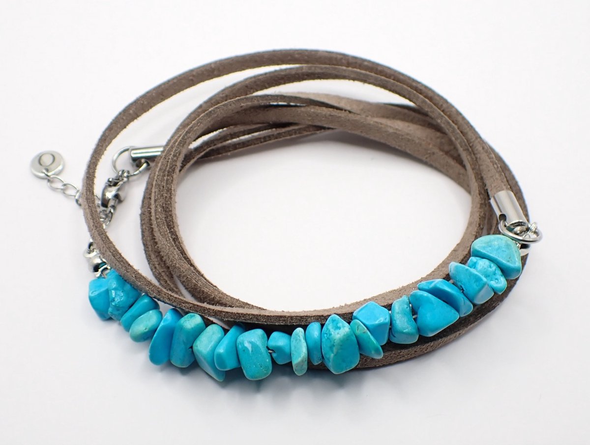Colure® wikkelarmband met half edelsteen split turquoise suède taupe