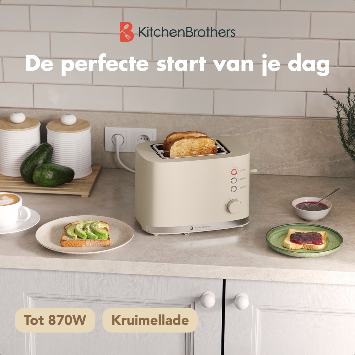 KitchenBrothers Broodrooster - Retro - Toaster - 6 Instelbare Warmteniveaus - 2 Extra Brede Sleuven - BPA-vrij - 870W - Beige thumbnail 2