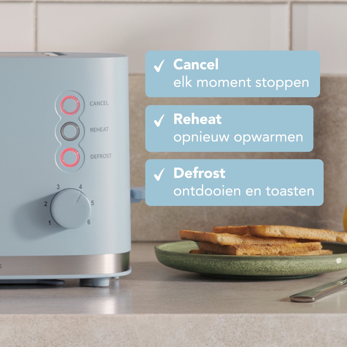 KitchenBrothers Broodrooster - Retro - Toaster - 6 Instelbare Warmteniveaus - 2 Extra Brede Sleuven - BPA-vrij - 870W - Pastel Blauw thumbnail 5
