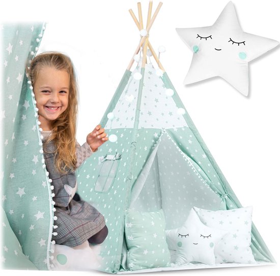 Tipi-tent voor kinderen met verlichting - mint met sterren — afbeelding 4