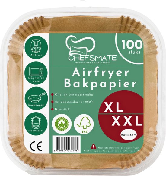 CHEFSMATE Airfryer Bakpapier XL/XXL - 100 stuks - BPA VRIJ - 24x24 (LxB) - Wegwerpbakjes - Vierkant - Heteluchtfriteuse