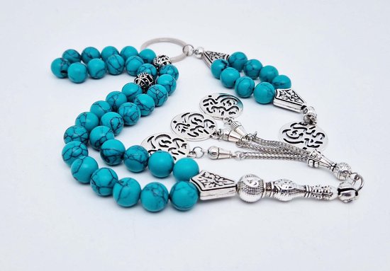 Tasbih et porte-clés en pierre naturelle fait main "Howlite verte" - Modèle 11 - 10 mm de diamètre du grain - Bel accessoire et décoration pour la voiture - Vaderdag - Cadeau fête des mères - Cadeau amis
