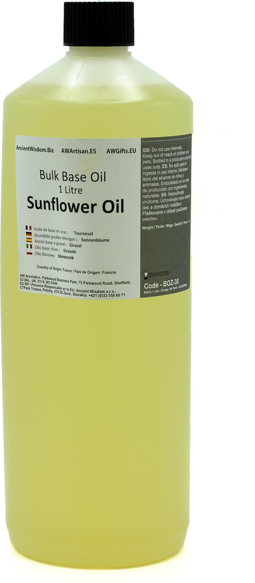 Basis Olie - Zonnebloemolie - 1 Liter - Aromatherapie - Basisolie - Draagolie - Basisolie Voor Etherische Oliën