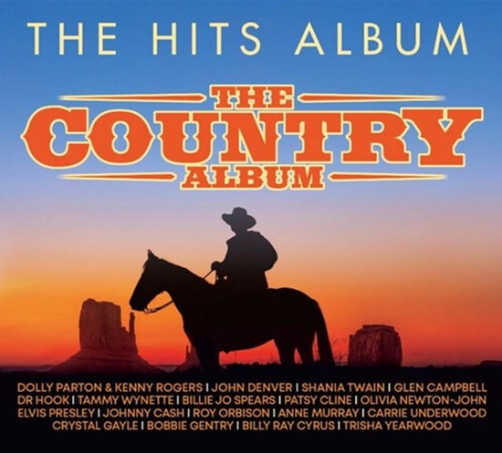 Albumhoes met 'The Hits Album' en 'The Country Album'. Zonsondergang met cowboy te paard, rotsformaties en artiestenlijst.