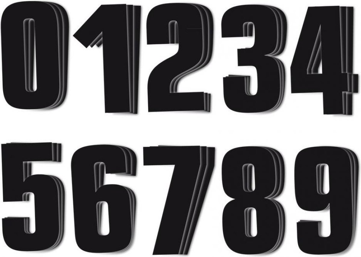 30 sticker racenummer zelfklevend van 0 tot 9 zwart 13x7cm voor motorcross