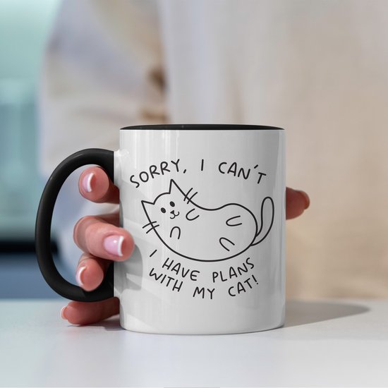 Creasowl® - I Have Plans With My Cat - Mok Zwart - 325 ml Keramische Koffiemok met Katten Ontwerp - Kat Cadeau - Vaatwasmachine- en Magnetronbestendig - Perfect Cadeau voor Kattenliefhebbers en Dierenvrienden - Theemok - Cat Mug