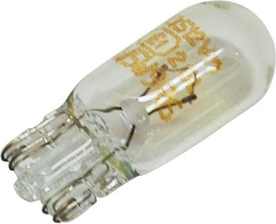 Ampoule en verre avec culot métallique et filament visible. Texte sur l'ampoule : W5W 12V 5W.