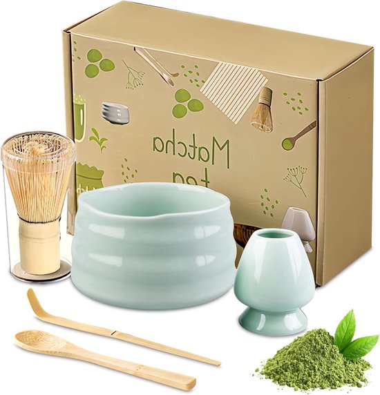 GOEDCH Matcha theeset: handmatige matcha set met matcha-garde, met 2 matcha- lepels, matcha garde standaard, matcha poedercontainer, matcha theeceremonieset voor matcha-ceremonie (groen