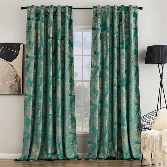 Set van 2 fluwelen gordijnen met een luxe goudfolie bladerpatroon