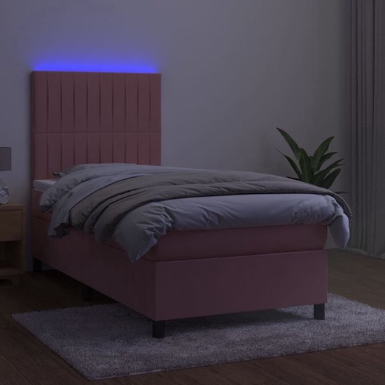 The Living Store Boxspring - Lit en velours rose avec éclairage LED- 203 x 90 x 118/128 cm - Matelas à ressorts ensachés - Surmatelas doux pour la peau - The Living Store