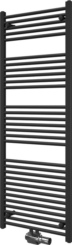 Zwarte rechte handdoekradiator met middenaansluiting, 600 mm breed en 1200 mm hoog.