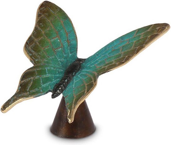 Groen-gouden vlinderornament met mozaïekpatroon op vleugels, op een donkere voet.