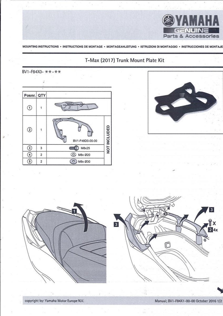Platine support top case CITY pour scooter Yamaha 530 Tmax BV1-F84X0 B7N284X0030