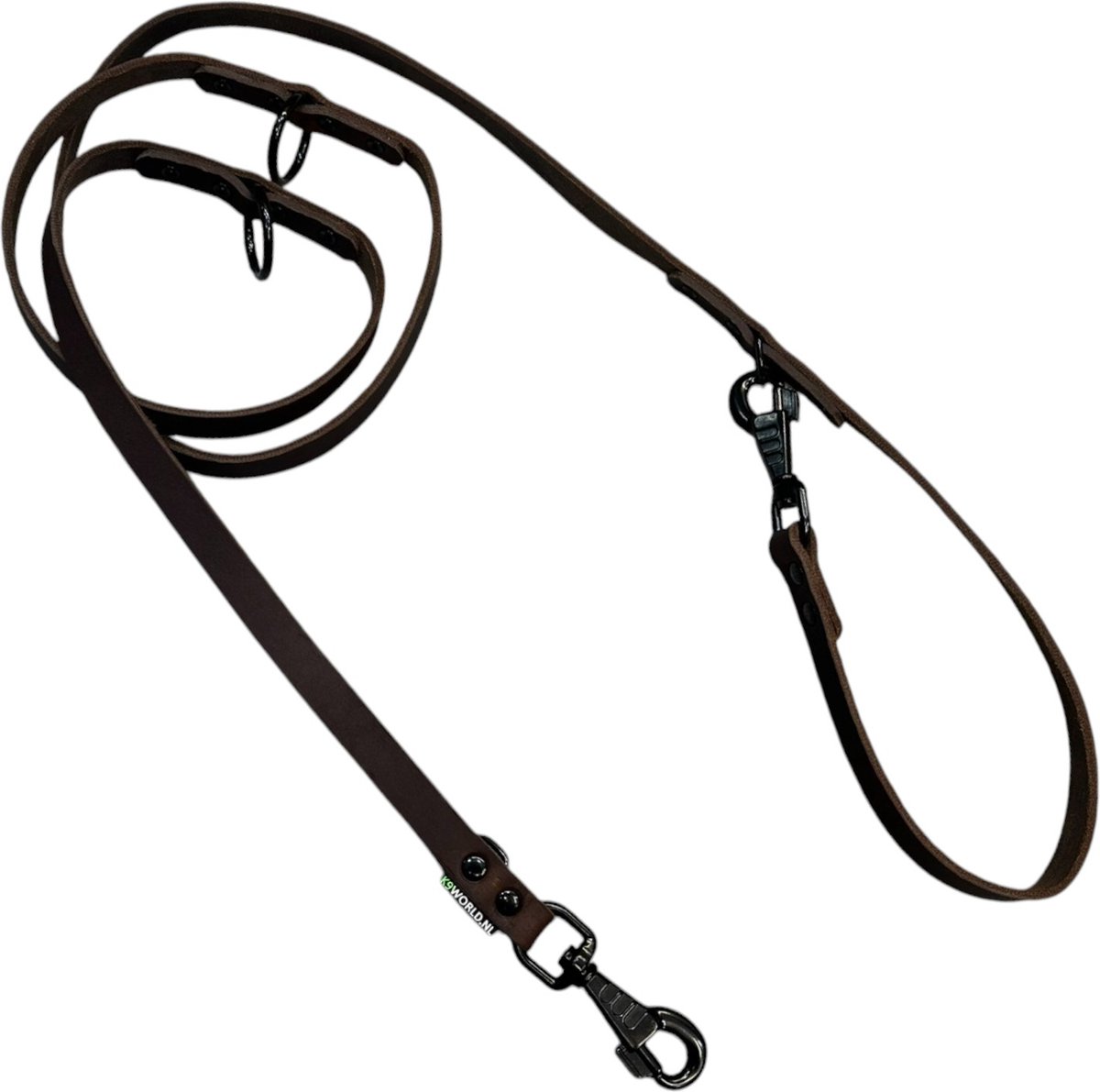 K9 World, verstelbare hondenriem, donker bruin leer, zwart beslag