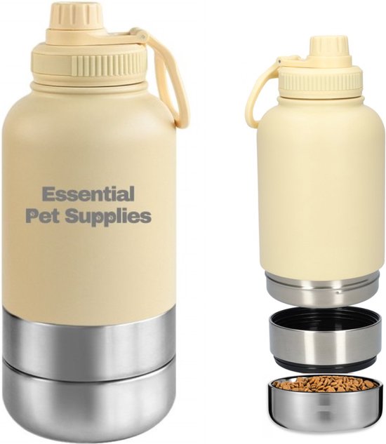 Honden drinkfles | Multifunctionele honden drinkfles onderweg met hondenvoerbak 1000ml Crème