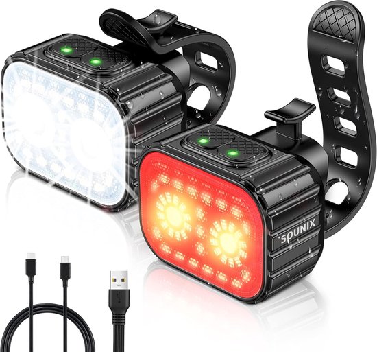 Sounix Fietsverlichting USB oplaadbaar - 8+12 Lichtstanden - IP65 Waterdicht - Voorlicht & Achterlicht - Fietslichten - Zwart