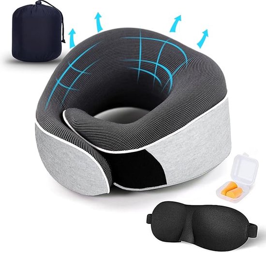 360° Rondom Nek Reiskussen - 100% Memory Foam/Traagschuim Nekkussen - Steunkussen - Vliegtuig/Auto kussen + Gratis Compact Opbergzakje - Grijs