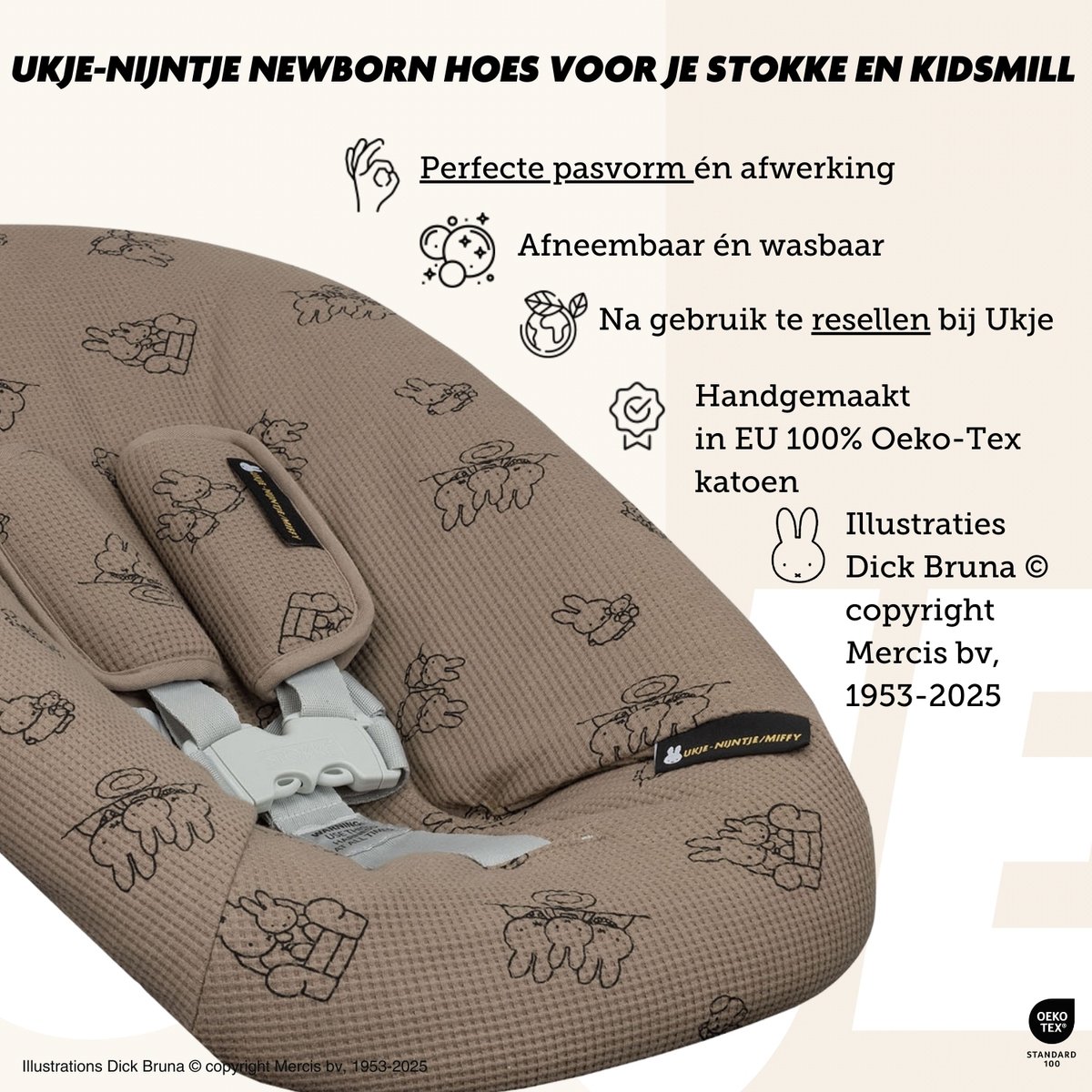 Ukje - Nijntje Newborn Hoes Tripp Trapp - Voor Stokke Kidsmill Novi Kaos Newborn Set - Veilig getest Oeko-Tex - Waterdichte binnenkant - Met Gordelbeschermers - Taupe Nijntje – foto 8
