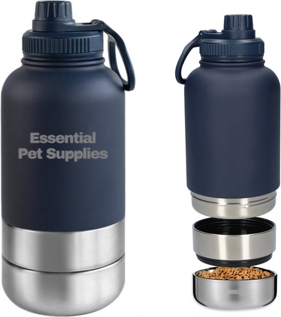 Honden drinkfles | Multifunctionele honden drinkfles onderweg met hondenvoerbak 1000ml Donker Blauw