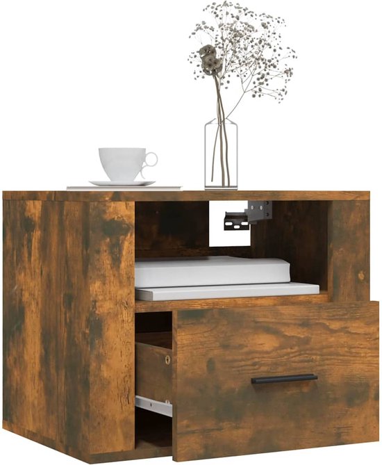 vidaXL Table de chevet - 50x36x40 cm - Table de chevet flottante en Chêne fumé - Fixation murale - Table de chevet marron - Table de chevet en bois - Table de chevet de salle de bain - Armoire au-dessus du lit - Espace de rangement