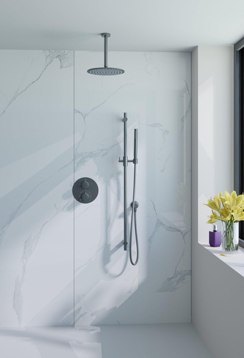Fortifura Calvi Inbouw Regendoucheset - rond - thermostatisch - plafondarm - glijstang - 25cm hoofddouche - staaf handdouche - gladde doucheslang - Geborsteld Gunmetal PVD