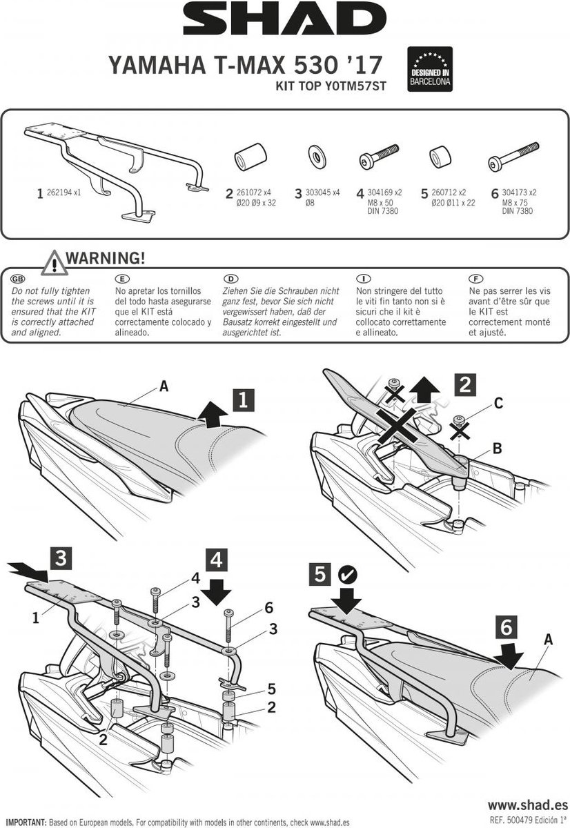Support de top case Shad pour Scooter Yamaha 530 Xp T-Max Abs 2017 à 2020 Neuf
