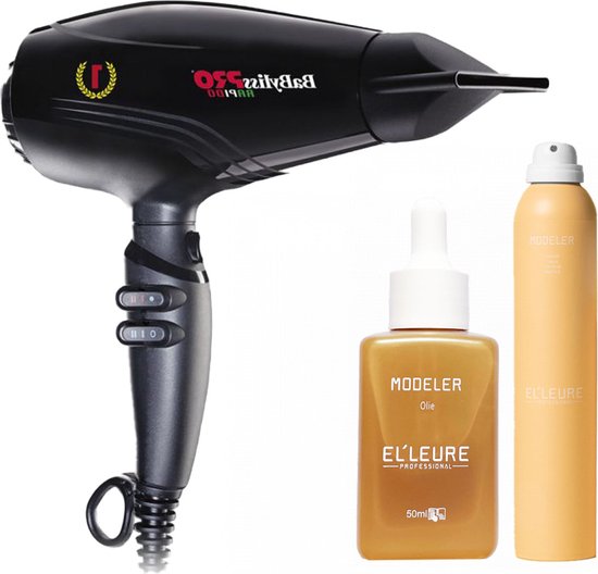 Babyliss PRO Föhn Rapido zwart + Elleure Modeler Olie 50ml + Haarlak 300ml