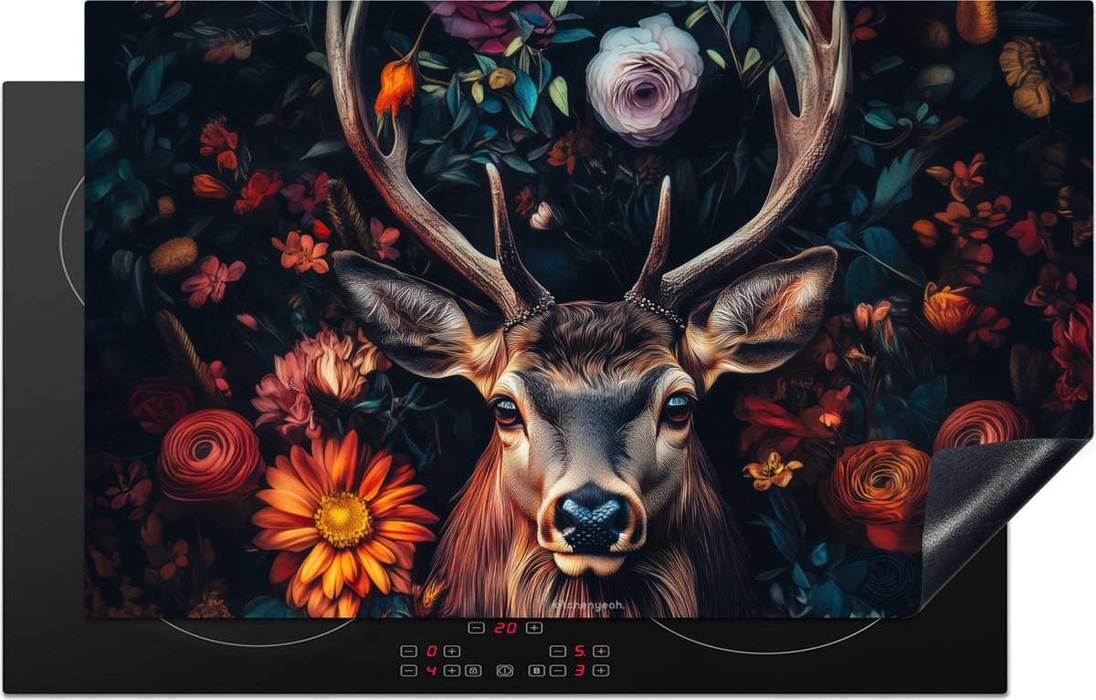 KitchenYeah® Inductie beschermer 85x52 cm - Hert - Dieren - Bloemen - Hertenkop - Kookplaataccessoires - Afdekplaat voor kookplaat - Inductiebeschermer - Inductiemat - Inductieplaat mat - Keuken decoratie