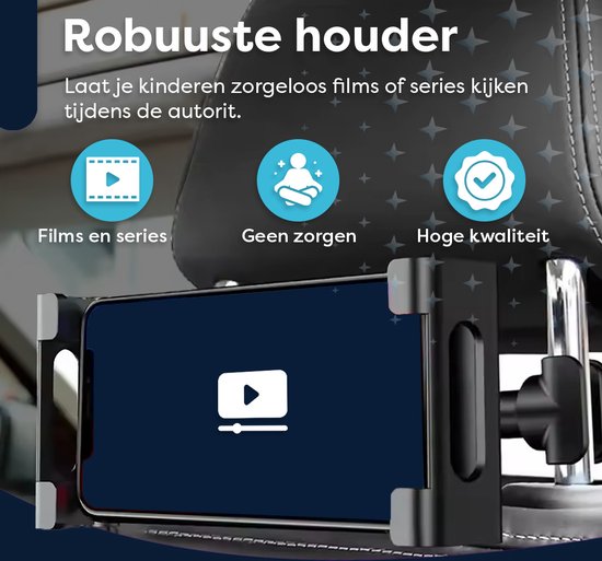Zwarte telefoonhouder op hoofdsteun voor films en series kijken.