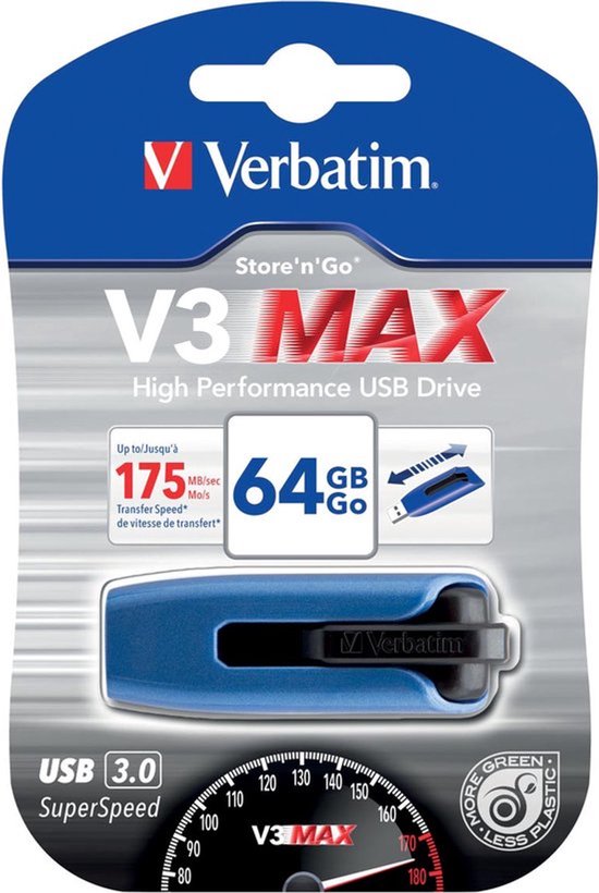 Verpakking van een blauwe 64 GB Verbatim V3 MAX USB-stick met "USB 3.0 SuperSpeed" en "175 MB/sec" transfer speed.