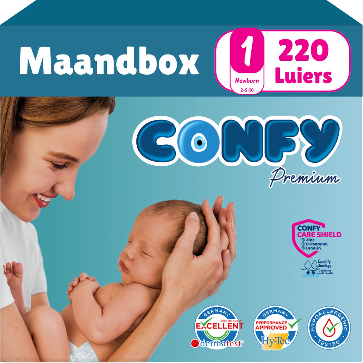 Goedkoopste Confy Premium - Maat 1 (2kg-5kg) - 220 Luiers - Maandbox