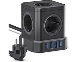 Voomy Cube 2.0 USB-C Stekkerdoos 20W - Met Schakelaar - 5 Stopcontacten - 4 USB Poorten - Powercube - Snellader - 2M Verlengsnoer - Zwart