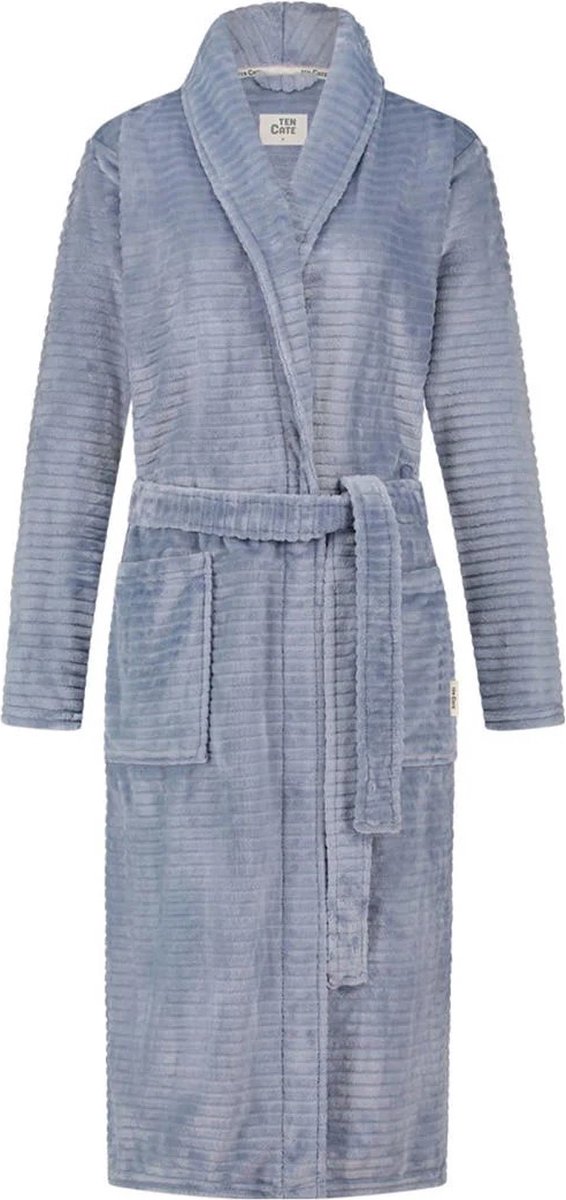 Dames Badjas Fleece - blauw streepreliëf - maat L