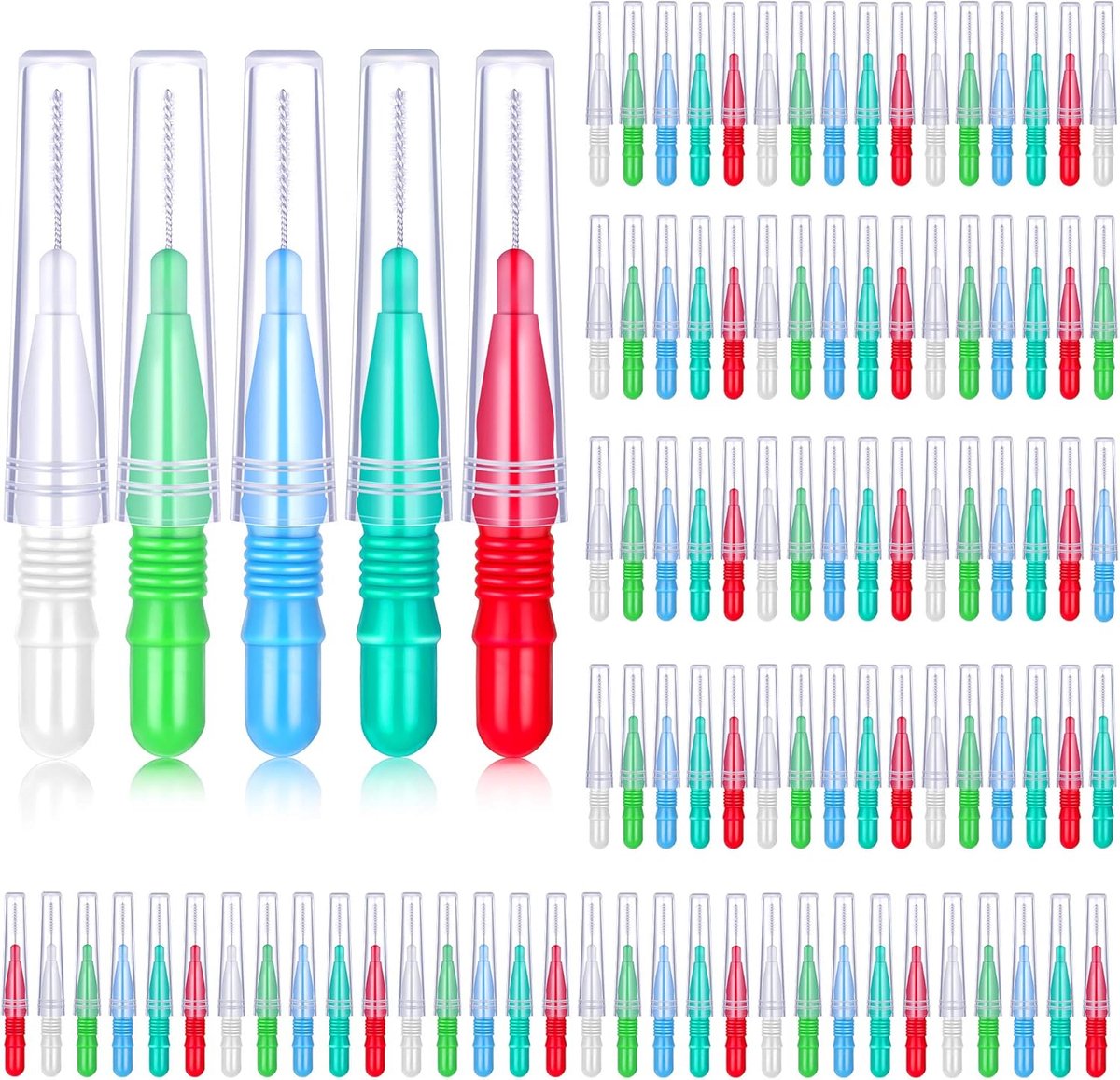 Goedkoopste 100pcs Tandenborstel voor Beugelreiniger - Interdentaal Borstels en Tandenstokers - Mondhygiëne Flosser - Reinigingsborstels voor Tandflossing - Tandpicks en Reinigers - Oral Care Tools (Rood, Wit, Groen, Lichtgroen, Lichtblauw