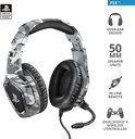 Grijze camouflage gaming headset met zwarte oorkussens en op de zijkant het PS logo.