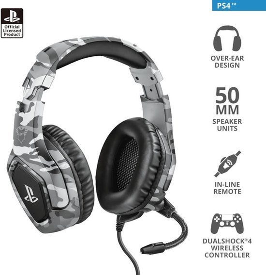 Grijze camouflage gaming headset met zwarte oorkussens en op de zijkant het PS logo.