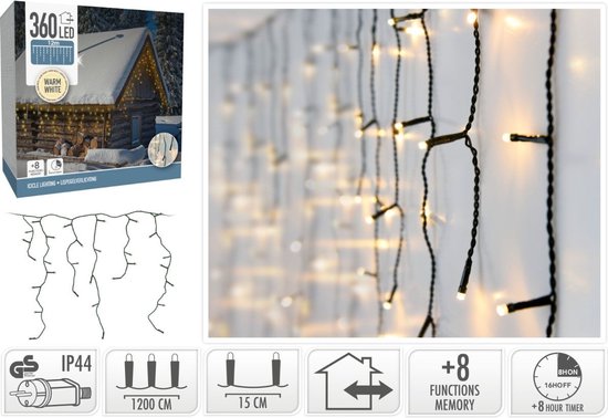 IJspegel verlichting - 12 meter - 360 LED - Timer - Lichtfuncties - Geheugen - warm wit