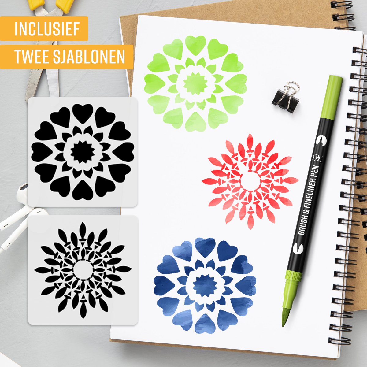 NAPI Twinmarkers - 12 Stiften voor Volwassenen - Dubbelzijdige Brushpennen - Fineliners Kleur - Handlettering - Bullet Journal Accessoires - Brush Pennen Aquarel - Markers Kinderen - Markeerstiften Incl. 2 Mandala Sjablonen — afbeelding 8