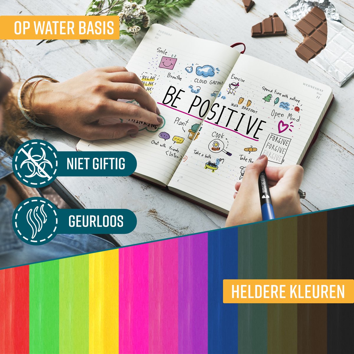 NAPI Twinmarkers - 12 Stiften voor Volwassenen - Dubbelzijdige Brushpennen - Fineliners Kleur - Handlettering - Bullet Journal Accessoires - Brush Pennen Aquarel - Markers Kinderen - Markeerstiften Incl. 2 Mandala Sjablonen — afbeelding 5