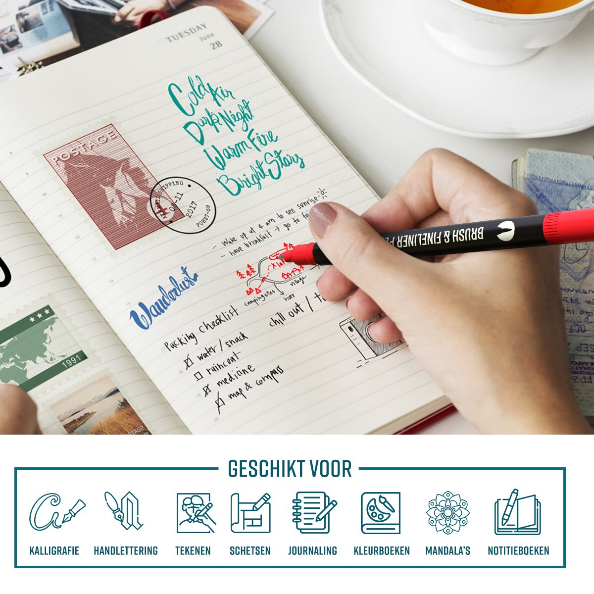NAPI Twinmarkers - 12 Stiften voor Volwassenen - Dubbelzijdige Brushpennen - Fineliners Kleur - Handlettering - Bullet Journal Accessoires - Brush Pennen Aquarel - Markers Kinderen - Markeerstiften Incl. 2 Mandala Sjablonen — afbeelding 6