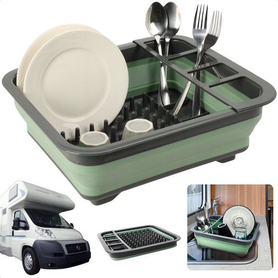 Egouttoir pliable vert et gris avec vaisselle, plié de façon compacte, et un camping-car.