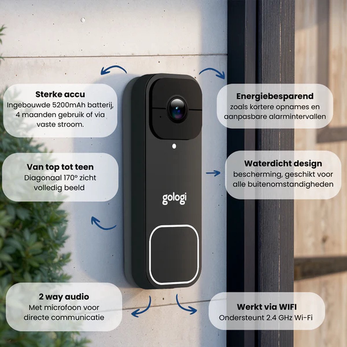 Afbeelding 3 van Gologi Video Deurbel - Slimme Deurbel met Camera en WiFi - HD Video Kwaliteit - Draadloos op Accu - Inclusief Muurbeugel en Chime - Night Vision - Waterdicht - Zwart