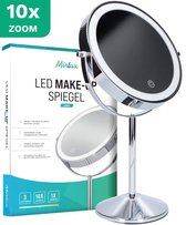 Mirlux Make Up Spiegel met LED Verlichting - 10x Vergroting Licht – Scheerspiegel Klein Op Voet - 3 Lichtstanden - Oplaadbaar - Vergrootspiegel Chroom