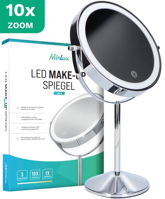 Mirlux Make Up Spiegel met LED Verlichting - 10x Vergroting Licht – Scheerspiegel Klein Op Voet - 3 Lichtstanden - Oplaadbaar - Vergrootspiegel Chroom