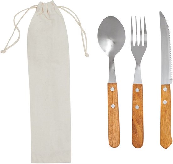 Inspirion Bestekset - RVS - 6-delig - houten handvat - in katoenen hoes