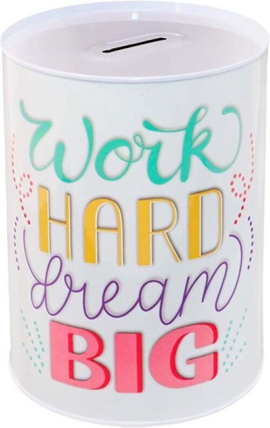 Concorde Spaarpot blik Tekst Work Hard Dream Big - gekleurd - 8 x 12 cm - Metaal - Kinderen/volwassenen